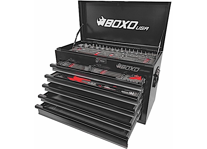 Boxo Tools 26 Inch 5 Drawer Portable Steel Tool Box W/ 103 PC Metric Tool Set Black